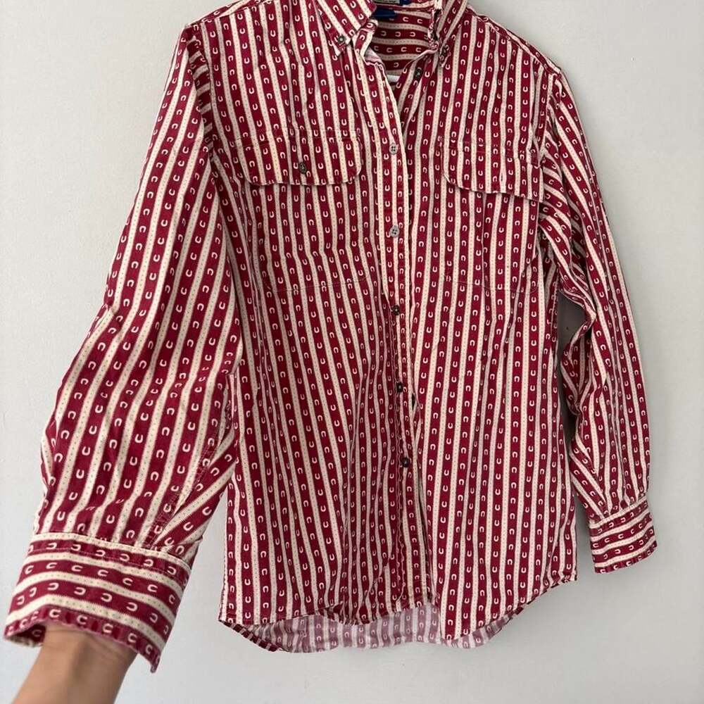 Vintage Men Retro Western Red & White Stripe Horse Button Down Boho Shirt Small
